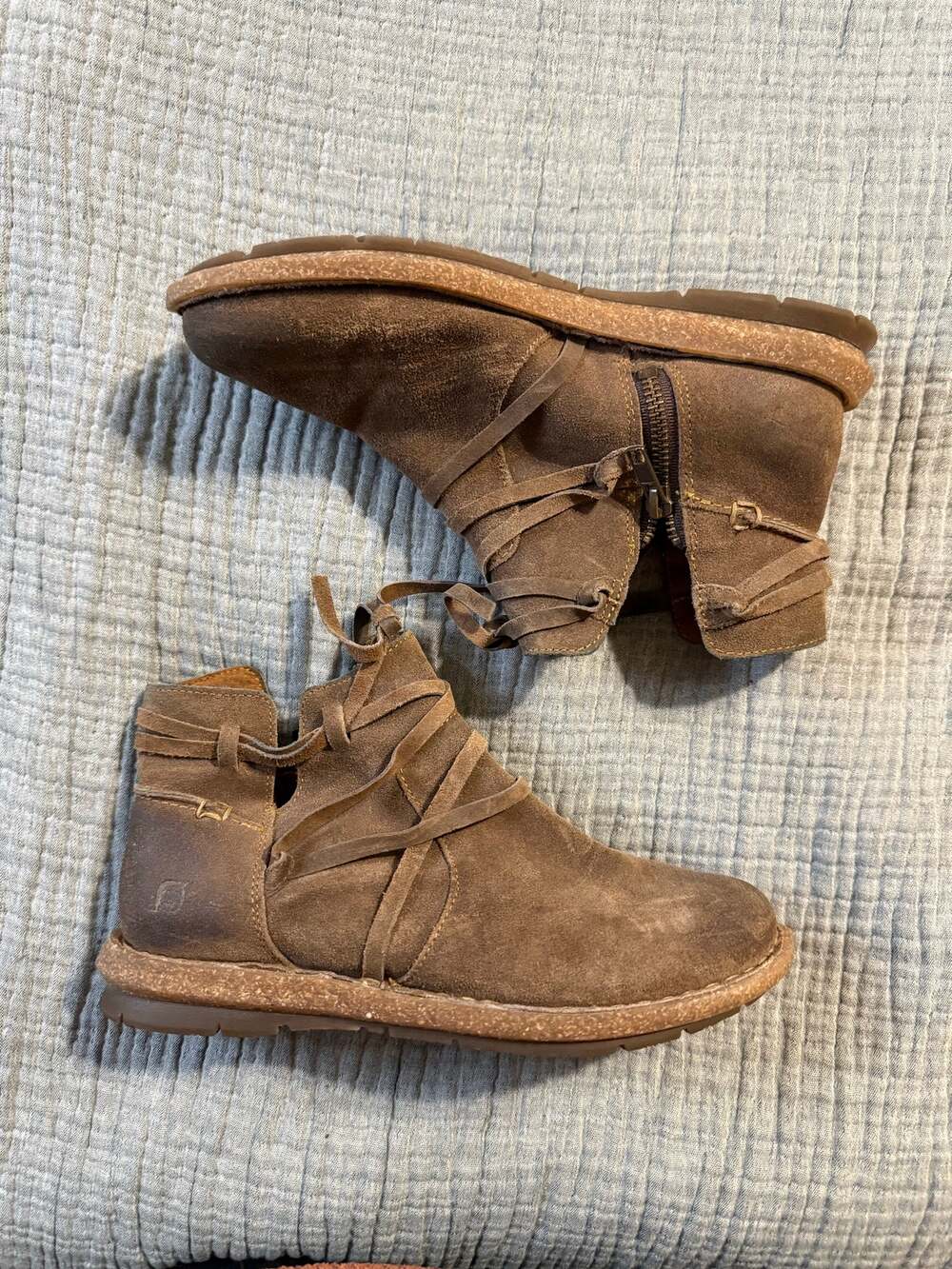 Born Tarkiln Ankle Boots Women’s Sz 7.5 Brown Suede Leather Wrap Strap Side Zip